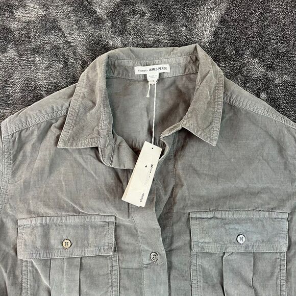 James Perse Corduroy Button Up Shirt Gray Women's 1 Pinwale Pocket $185 NWT - Picture 2 of 9